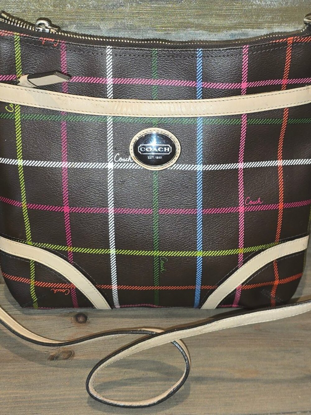 Authentic Coach Peyton Tattersall Plaid File Crossbody Bag in Dark Brown coated